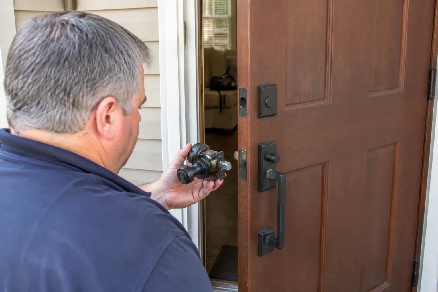Person holding a removed black lock assembly beside a partly open brown front door with a long black pull handle. — Home Lockout Service, Collingwood
