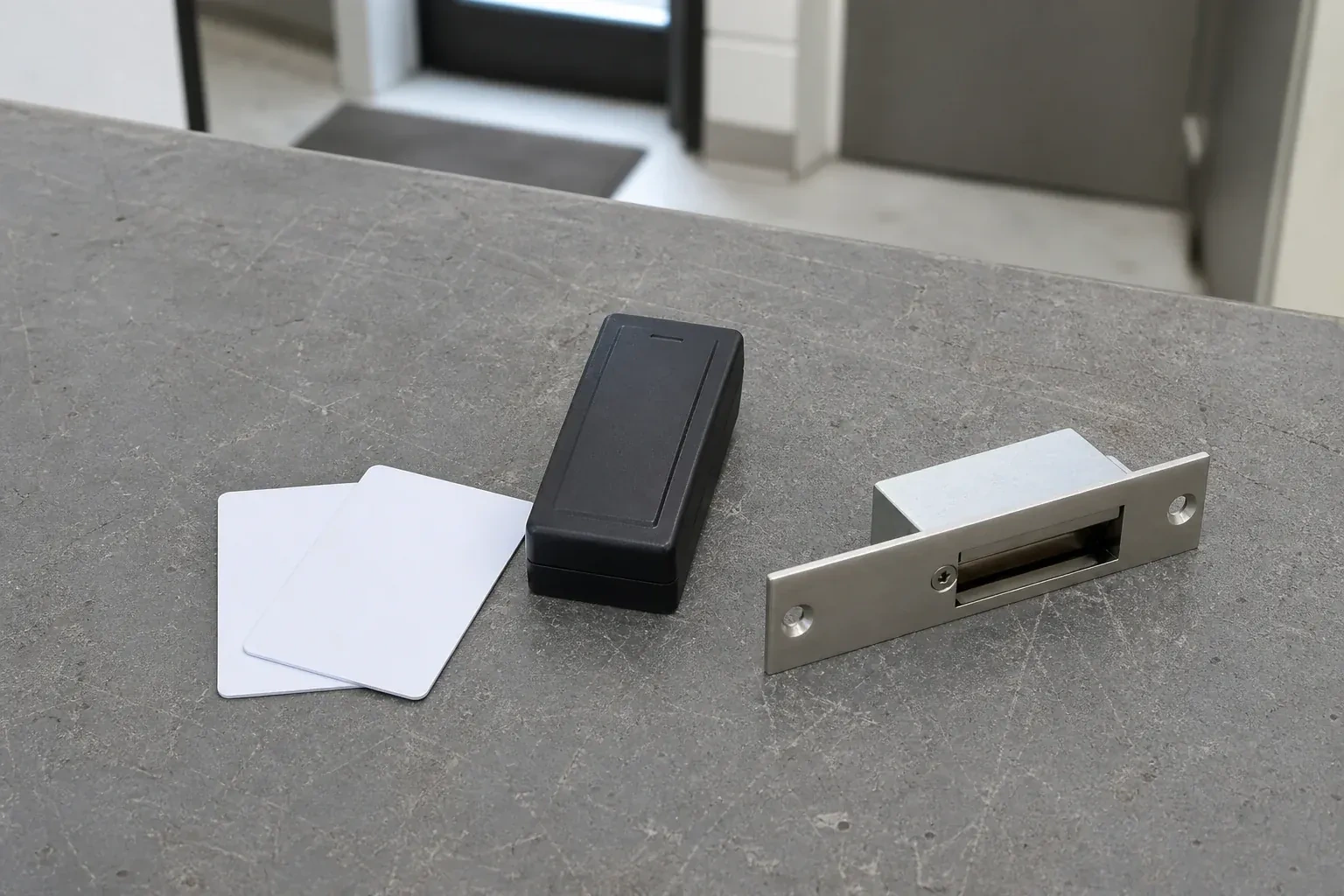 Detached card reader, two plain cards and an electric-strike component on a service bench. — Access Control Installation, Collingwood