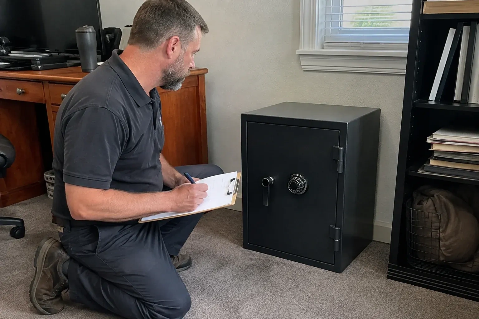 Person writing on a clipboard while kneeling beside a closed black safe with a numbered combination dial in a home office. — Safe Opening & Combination Change, Collingwood