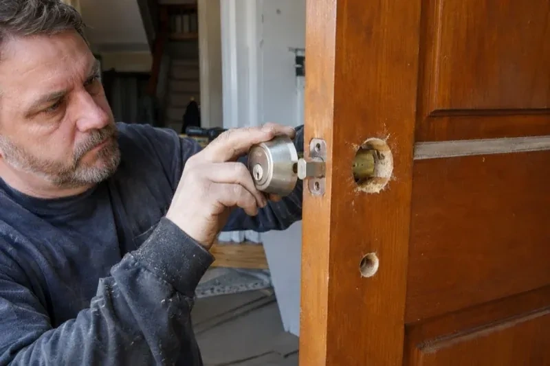 Person holding a silver-colored lock beside an open wooden door with exposed circular holes and a latch at its edge. — Deadbolt Installation, Collingwood