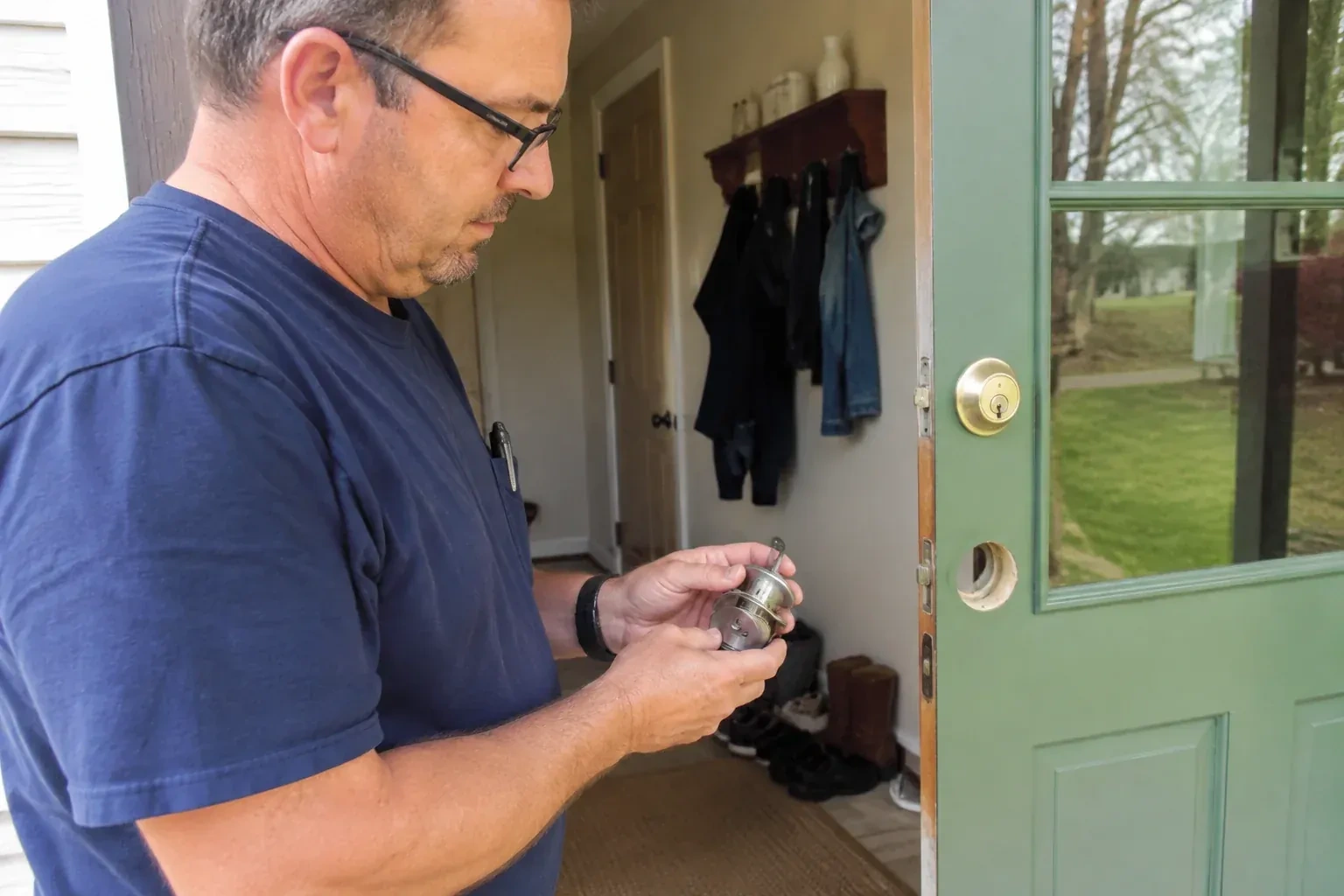 Person holding a cylindrical door-lock assembly beside an open green glazed door with its lower lock opening exposed. — Seized & Jammed Lock Opening, Collingwood
