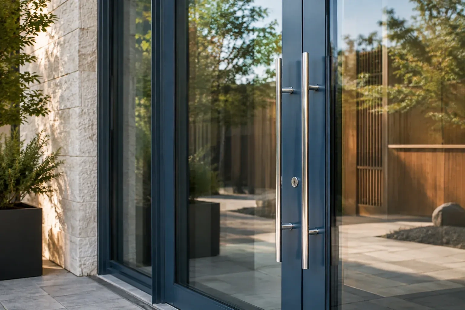 Dark-framed glass entrance doors with long silver-colored vertical pull handles and a round keyhole. — Business Lockout Service, Collingwood