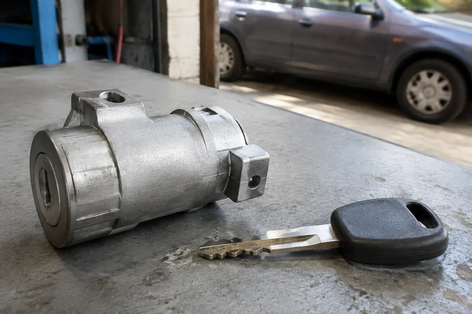 Detached cylindrical lock housing and black-headed key on an automotive workbench. — Ignition Lock Repair, Collingwood