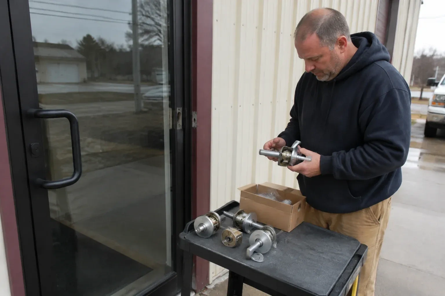 Person holding a door-handle assembly beside a glazed entrance, with more handle and lock components on a cart. — Commercial-Grade Lock Replacement, Collingwood