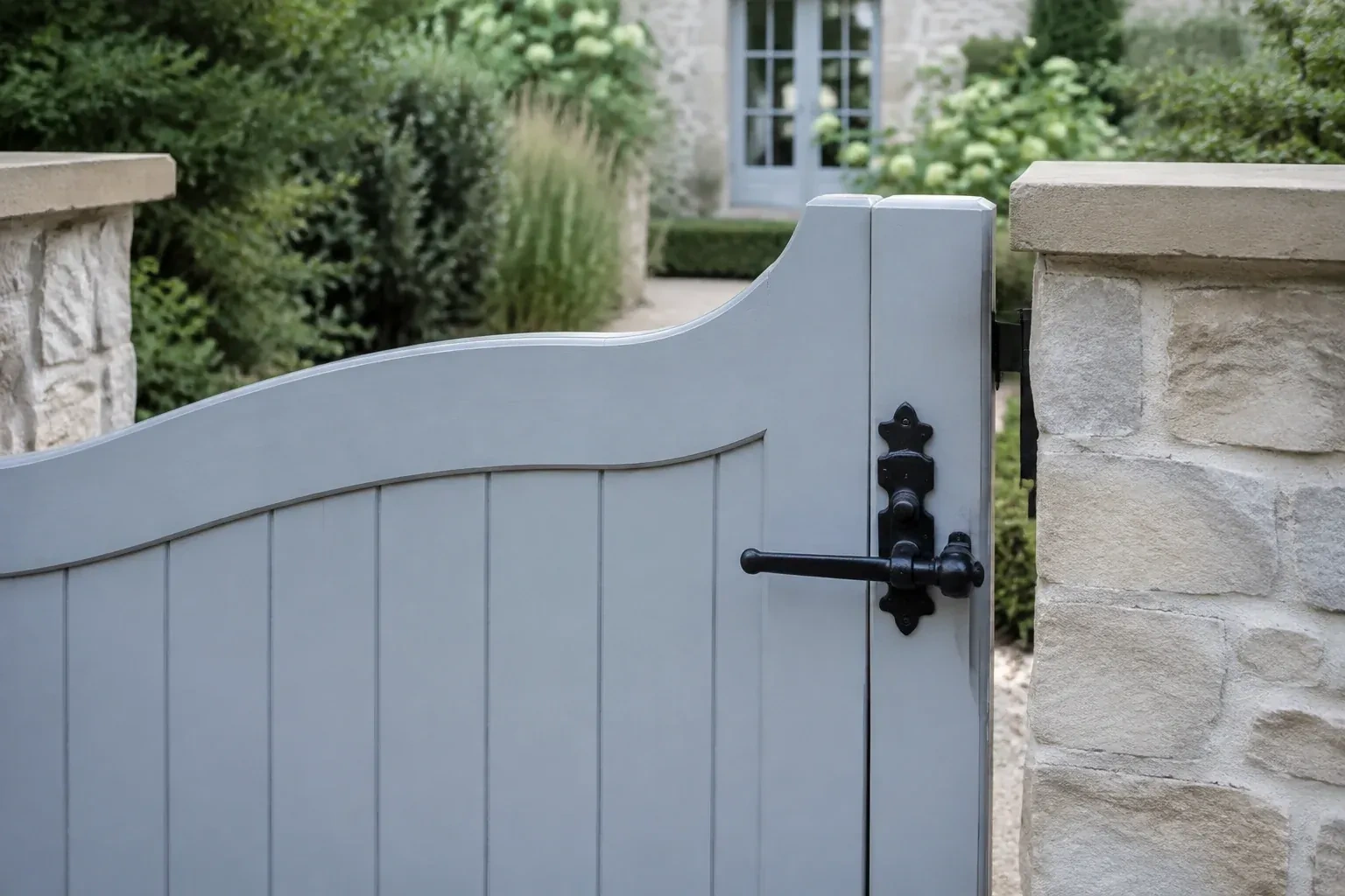 Pale blue garden gate with a black lever latch between light stone pillars. — Gate & Building Entry Locks, Collingwood