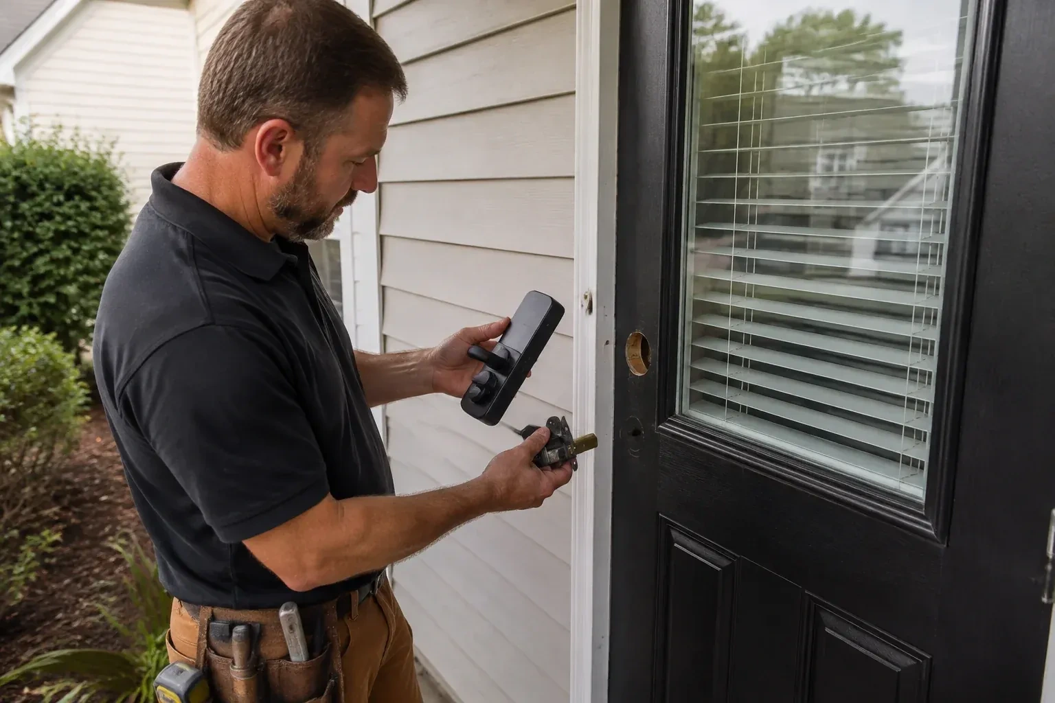 Person holding a black door-handle assembly and a latch beside a glazed door with exposed lock openings. — Smart Lock Installation, Collingwood