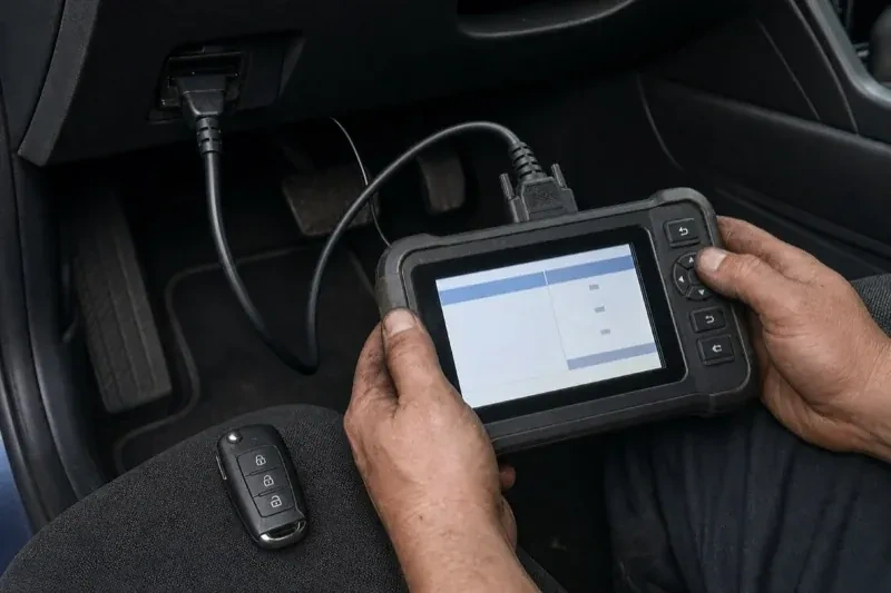 Hands holding a diagnostic tablet connected beneath a car dashboard, with a key fob resting on the person’s leg. — Key Fob Programming, Collingwood