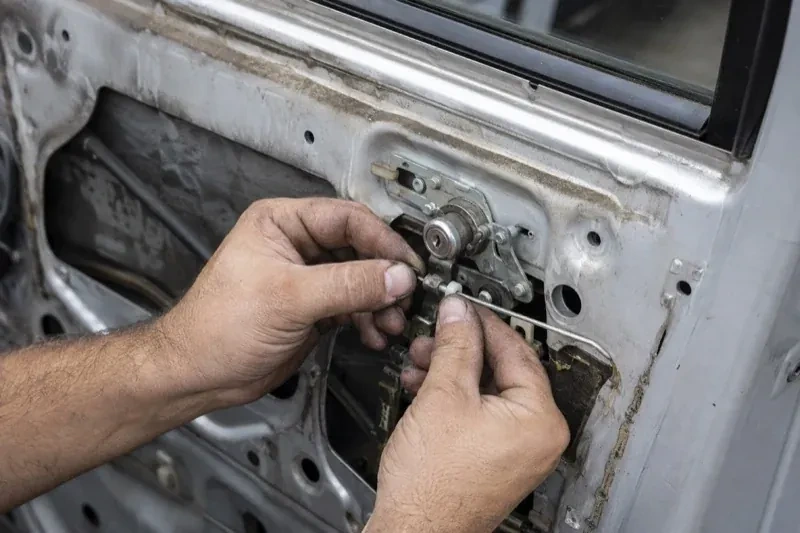 Hands holding a small linkage beside an exposed car-door lock mechanism with the interior trim removed. — Vehicle Lock Repair, Collingwood
