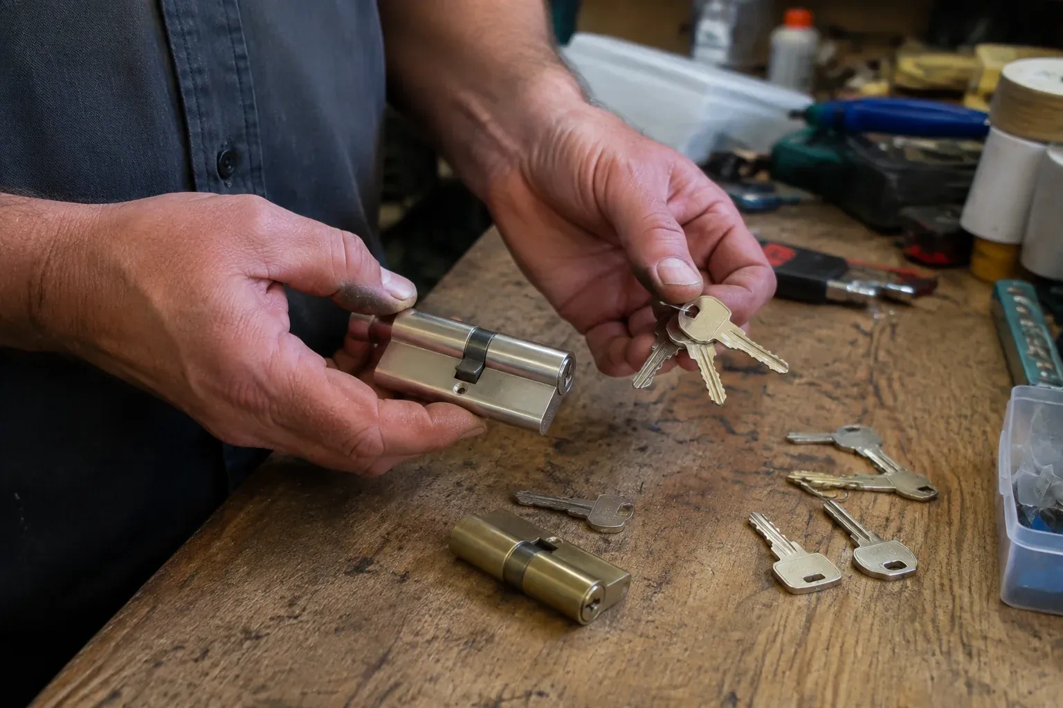Hands holding a lock cylinder and a ring of keys above a worn workbench with another cylinder and loose keys. — Lock Rekeying, Collingwood