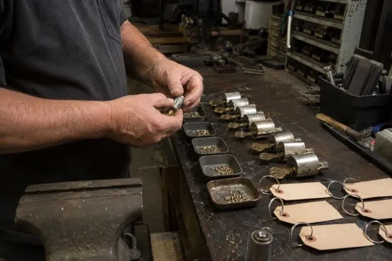 Person handling a lock cylinder at a workbench lined with cylinders, keys, small pin trays and blank key tags. — Commercial Rekeying, Collingwood