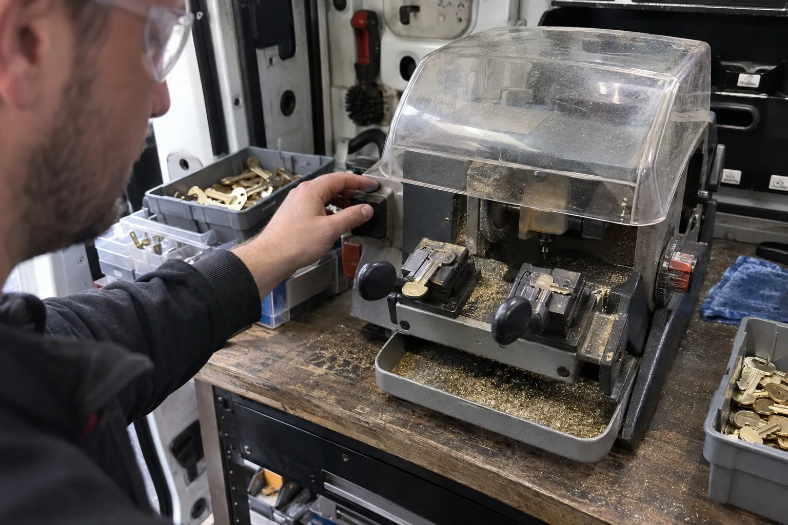 Person in safety glasses reaching for a key-cutting machine with a clear cover, beside trays of brass key blanks. — Spare Car Key Duplication, Collingwood