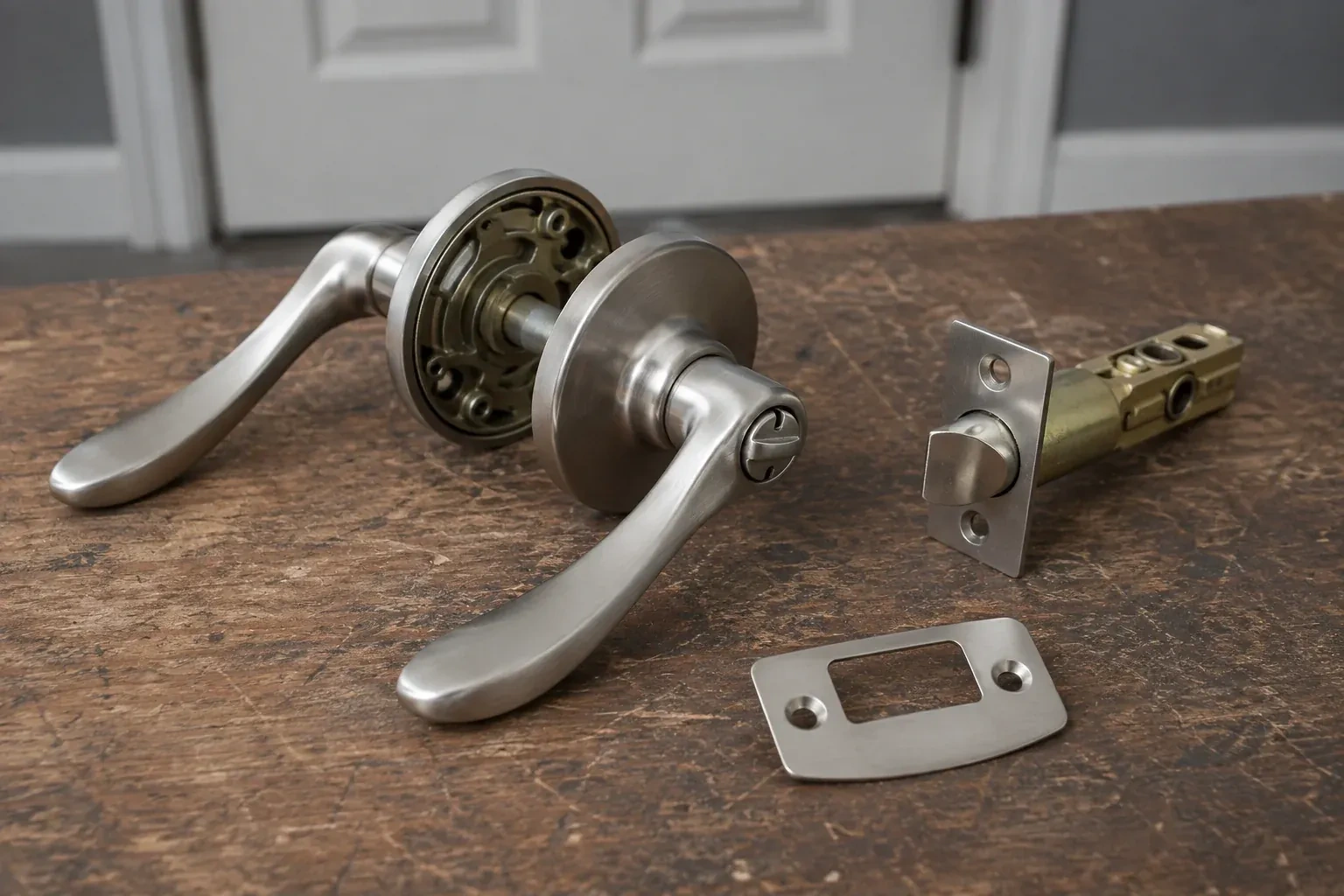Detached satin-nickel lever hardware, tubular latch and strike plate on a wooden workbench. — Lock Replacement & Upgrade, Collingwood