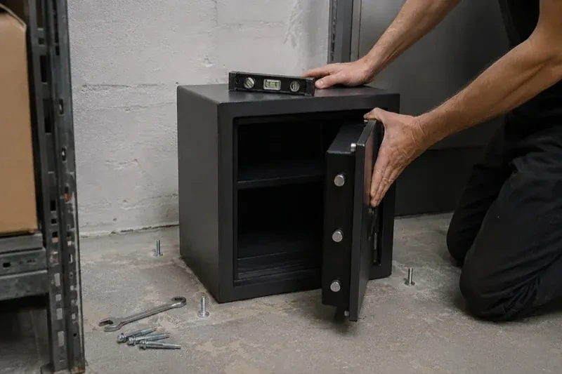 Person kneeling beside an open black safe with a spirit level on top and loose bolts and a wrench on the concrete floor. — Safe Installation & Servicing, Collingwood