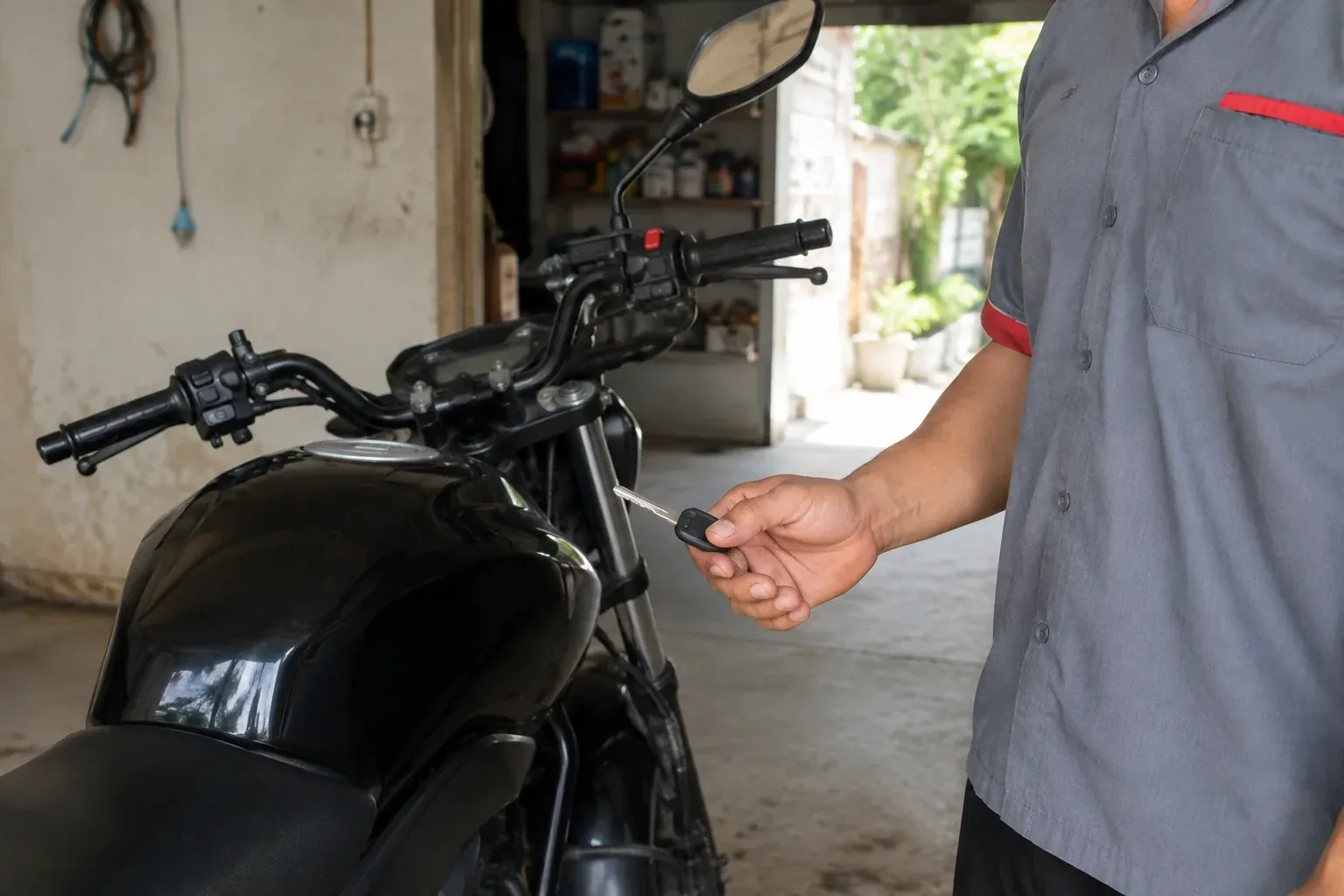Technician holding a black-headed key beside a parked motorcycle. — Motorcycle & Scooter Keys, Collingwood