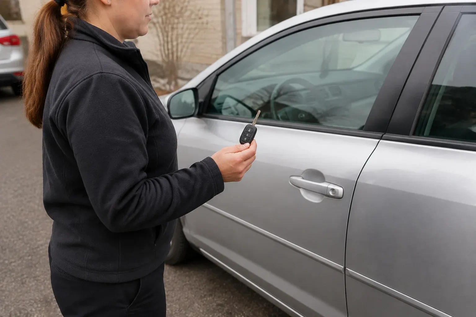 Technician holding a remote key with an extended blade beside a silver car. — Car Key Replacement, Collingwood