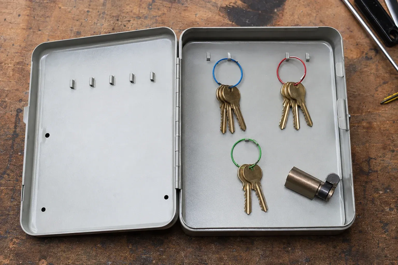 Three groups of keys on colored rings in an open metal key cabinet. — Master Key System Design, Collingwood
