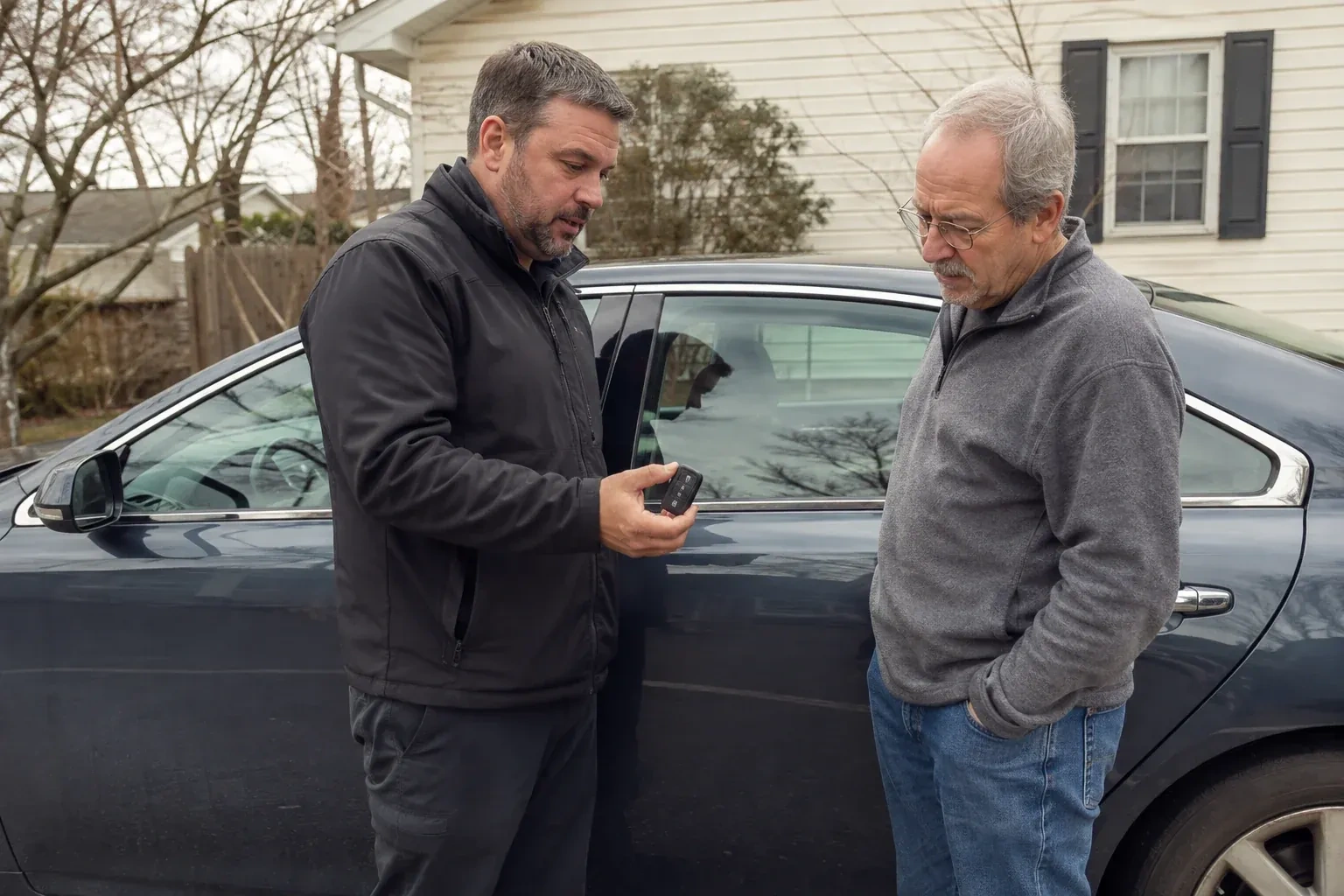 Two people beside a dark sedan, one holding up a black key fob. — Car Lockout Service, Collingwood